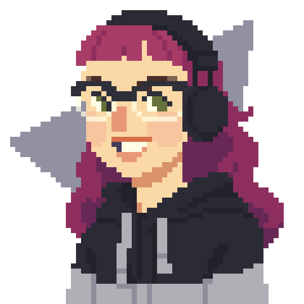 A pixelated image of Alice Jovanee, a woman with glasses, headphones, and magenta hair