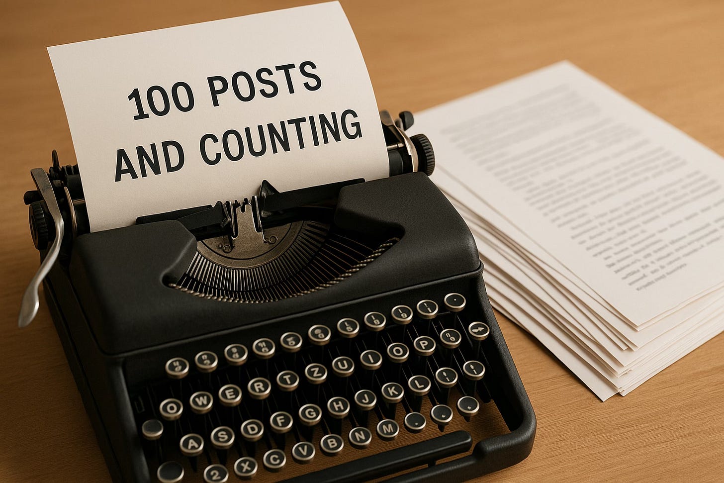 Close-up of a vintage black typewriter with a sheet reading “100 POSTS AND COUNTING,” next to a stack of typed pages on a wooden desk. Close-up of a vintage black typewriter with a sheet reading “100 POSTS AND COUNTING,” next to a stack of typed pages on a wooden desk.