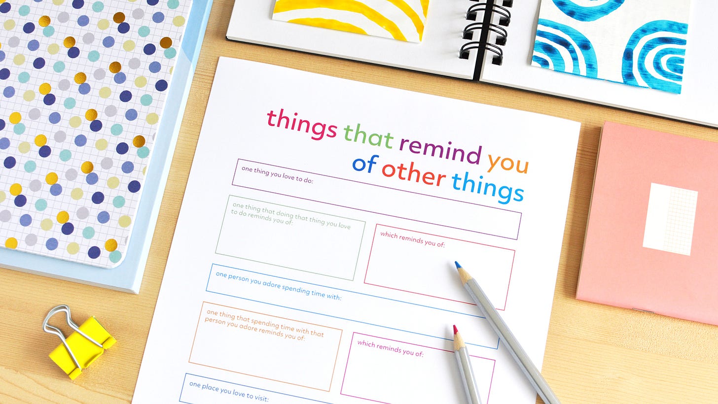 A closeup of the top two-thirds of a colourful journal page titled Things That Remind You of Other Things, surrounded by colourful notebooks and pencils.