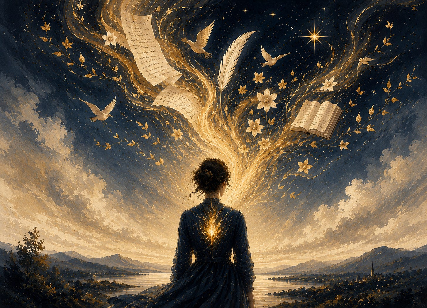 A solitary figure stands before a glowing horizon as golden creative fire rises into the sky, becoming flowing light, flowers, pages, and birds in a dreamy navy and cream landscape that symbolizes inspiration and purposeful creation.