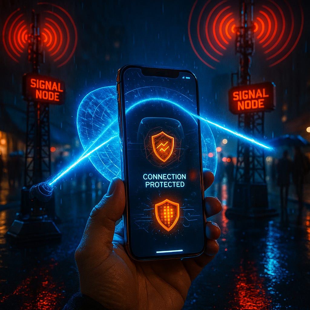 A hand holds a smartphone in a rainy urban environment at night. The phone screen displays security badges and the phrase “CONNECTION PROTECTED.” Bright blue digital beams and swirling graphics connect the device to two illuminated “SIGNAL NODE” towers in the background, which emit red concentric waves. Reflections on wet pavement and the high-tech imagery highlight advanced digital protection and secure cellular connectivity in a visually striking, cyber-themed setting.