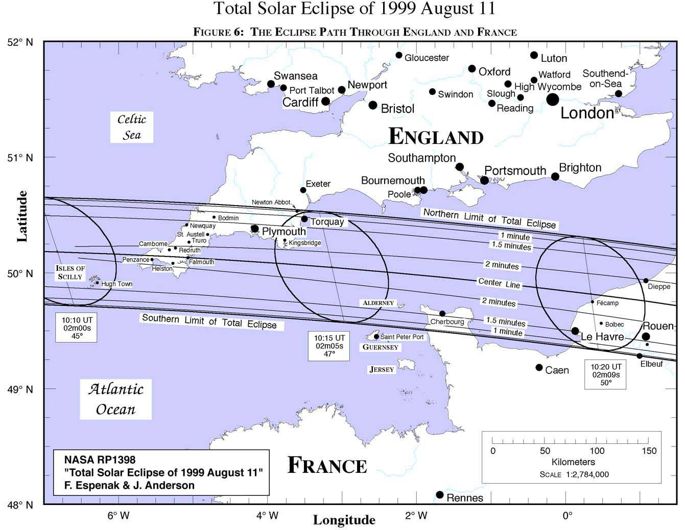 the path of totality across the Uk and france in 1999