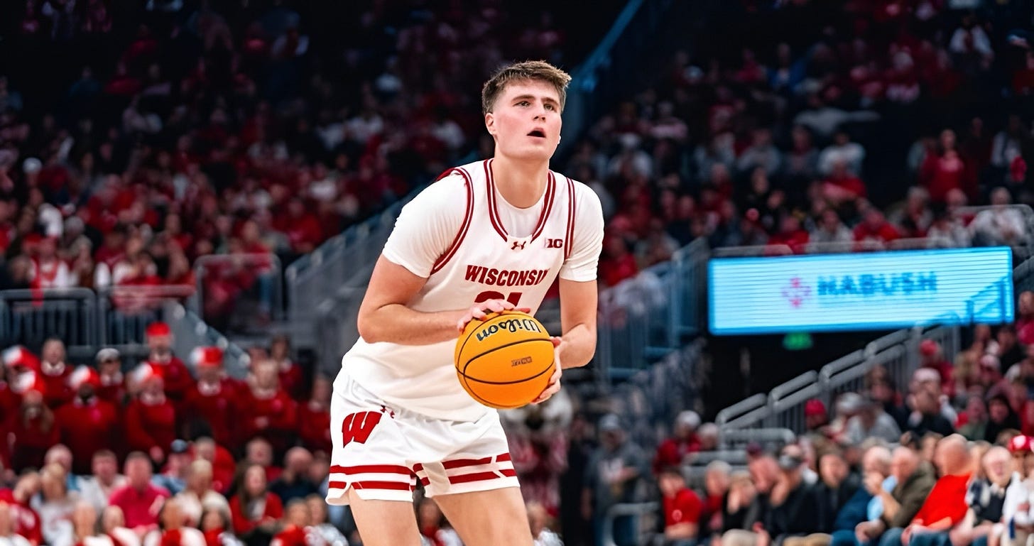 Wisconsin Badgers forward Nolan Winter attempts a free throw against Villanova at Fiserv Forum.