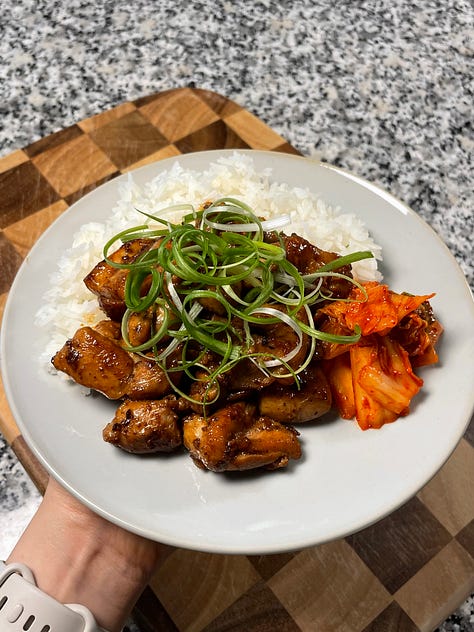 dak bulgogi, dolsot bibimbap, Sichuan spicy cold noodles w/ shredded chicken, miso chicken & mushroom rice, dairy-free creamy roasted red pepper rigatoni w/ baked chicken breast, roasted red pepper & spinach egg bites
