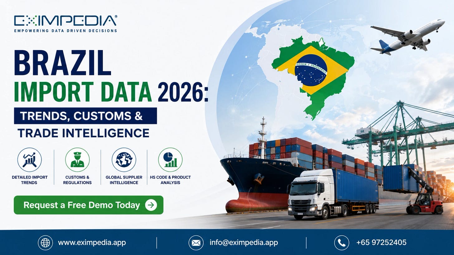 Infographic showing Brazil import data 2026 — top categories, key supplier countries, and customs database insights by shipment value.