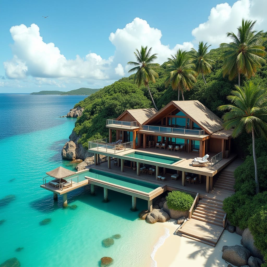 Vast, modern, one-story Jamaican timber home, 10 bedrooms wide, with expansive glass windows, cantilevered platforms, and gleaming glass pools, seamlessly integrated into the beachside landscape of Portland, Jamaica. Weathered wooden accents and lush greenery blend harmoniously with the structure, as warm, golden light dances across the facade.