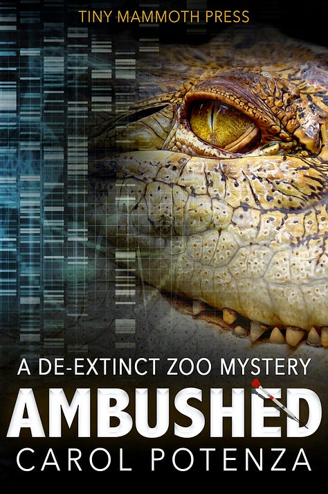 The three books cover to the De-Extinct Zoo Mystery series with a short-faced bear, a Gigantopithecus, and a Quinkana in close ups