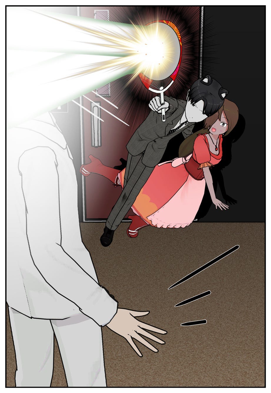 Ace leaps in front of Jackie, holding out Rae's mirror and reflecting Greeneye's lethal eye beam back to him.