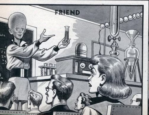 Another portion of the opening illustration of the article “How Nuclear Radiation Can Change Our Race” that appeared in the December 1953 issue of Mechanix Illustrated. This image portrays the potential positive scenario in which “Mutant Man, Homo Superior” is a friend to homo sapiens rather than a foe. We see a smiling mutant man with a giant swollen hairless head wearing futuristic garb suitable for a lab setting. He’s surrounded by science gear and holds a beaker in one hand, and appears to be in the middle of delivering a lecture. A classroom of rapt human students are his audience. Another portion of the opening illustration of the article “How Nuclear Radiation Can Change Our Race” that appeared in the December 1953 issue of Mechanix Illustrated. This image portrays the potential positive scenario in which “Mutant Man, Homo Superior” is a friend to homo sapiens rather than a foe. We see a smiling mutant man with a giant swollen hairless head wearing futuristic garb suitable for a lab setting. He’s surrounded by science gear and holds a beaker in one hand, and appears to be in the middle of delivering a lecture. A classroom of rapt human students are his audience.