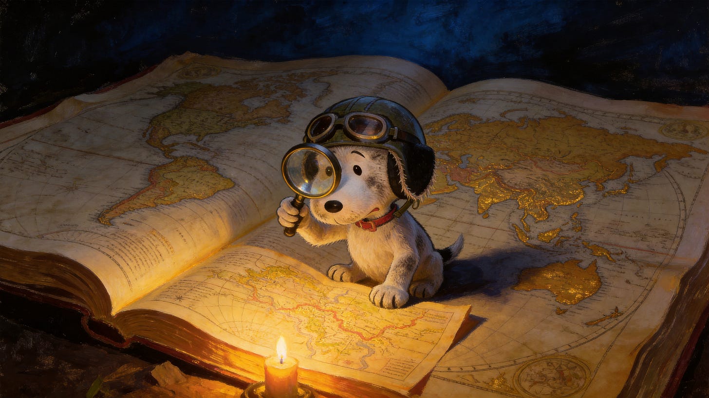 A nocturnal oil painting with chiaroscuro lighting. A small scruffy white dog in a WWI aviator helmet and goggles sits atop an enormous open antique atlas, the pages glowing with warm candlelight from a candle burning at the book's edge. The left page shows a detailed regional map; the right page displays a world map with gilded continents. The dog holds a brass magnifying glass to one eye, studying the map beneath him intently. Deep blue-black darkness fills the background. A nocturnal oil painting with chiaroscuro lighting. A small scruffy white dog in a WWI aviator helmet and goggles sits atop an enormous open antique atlas, the pages glowing with warm candlelight from a candle burning at the book's edge. The left page shows a detailed regional map; the right page displays a world map with gilded continents. The dog holds a brass magnifying glass to one eye, studying the map beneath him intently. Deep blue-black darkness fills the background.