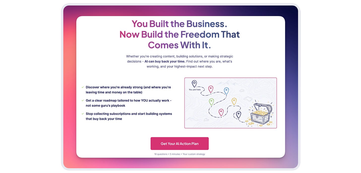 Map illustration showing a treasure chest with "You are here" marker and colorful path pins leading to it, representing an AI business roadmap journey