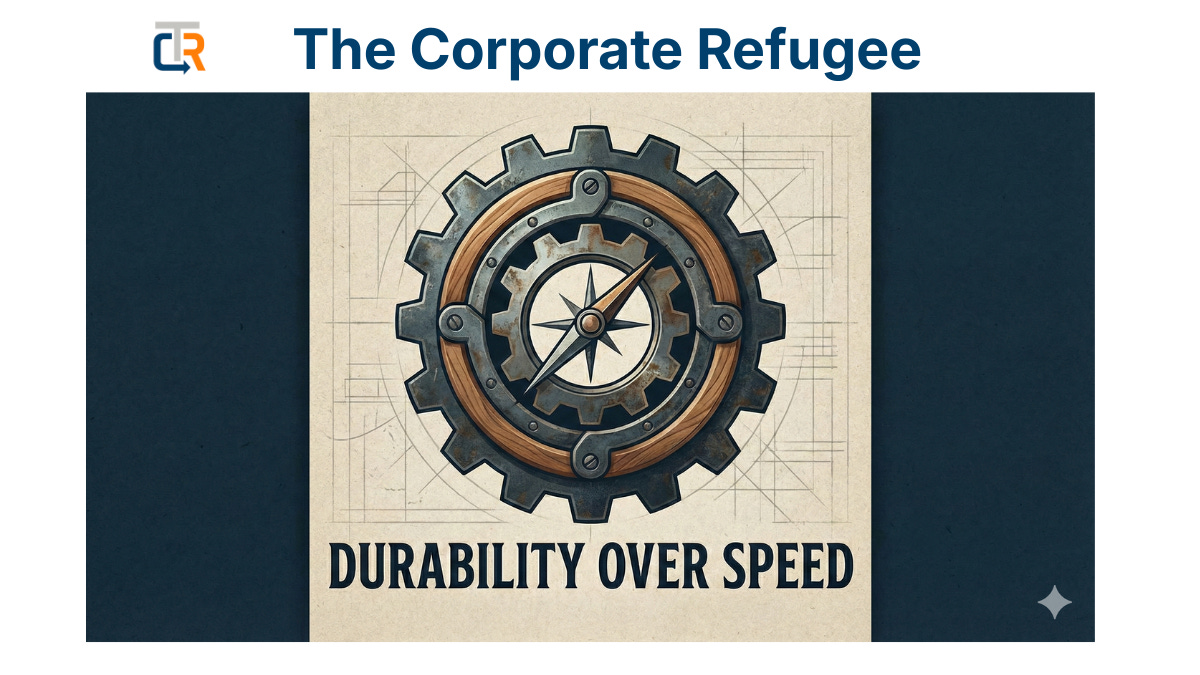 A conceptual illustration of a sturdy industrial gear made of iron and wood, with a compass needle in the center pointing True North. It rests on a vintage blueprint background with faint architectural lines. The text "DURABILITY OVER SPEED" appears in bold, industrial lettering at the bottom.
