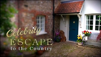 Celebrity Escape to the Country in text with the i in celebrity sparkling. Cottage in the background