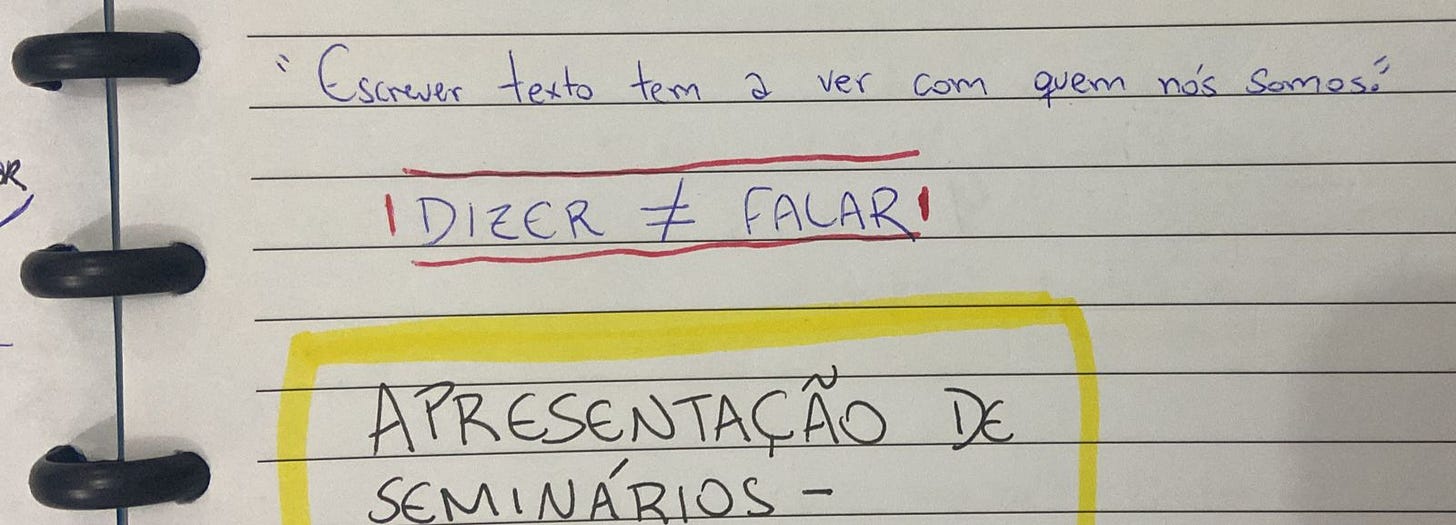 folha de caderno em que se lê "escrever texto tem a ver com quem você é", abaixo "dizer diferente de falar" e abaixo "apresentação de seminário..."