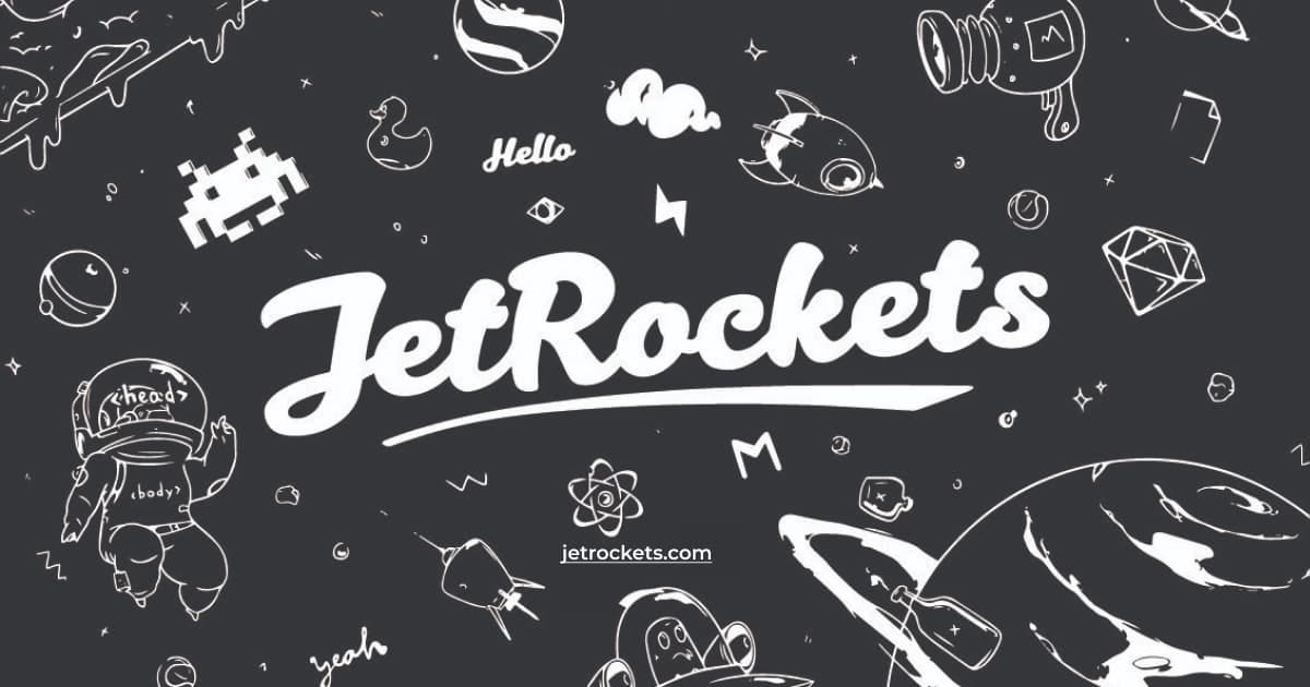 JetRockets logo on a field of illustrations and graphics, all in black and white JetRockets logo on a field of illustrations and graphics, all in black and white