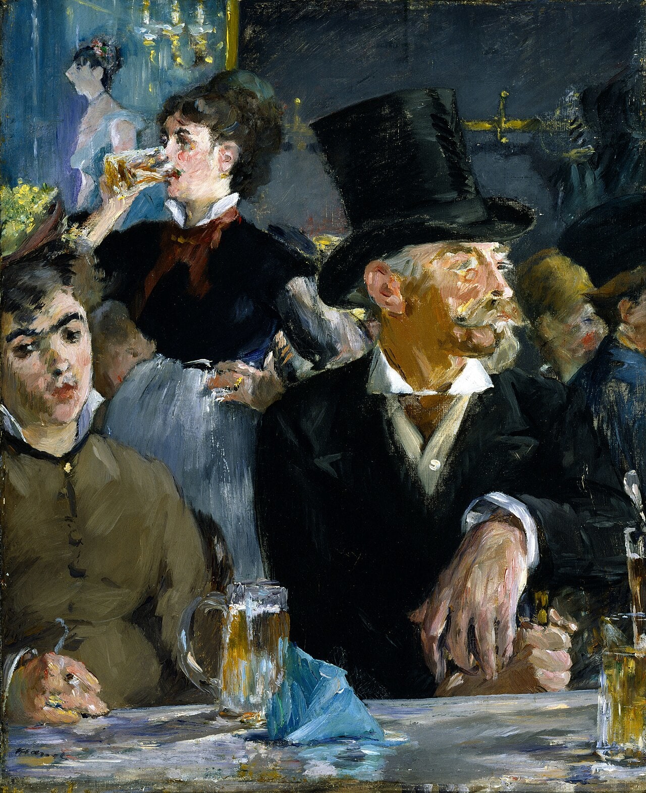 A top hatted man and two women at a Paris cabaret counter A top hatted man and two women at a Paris cabaret counter