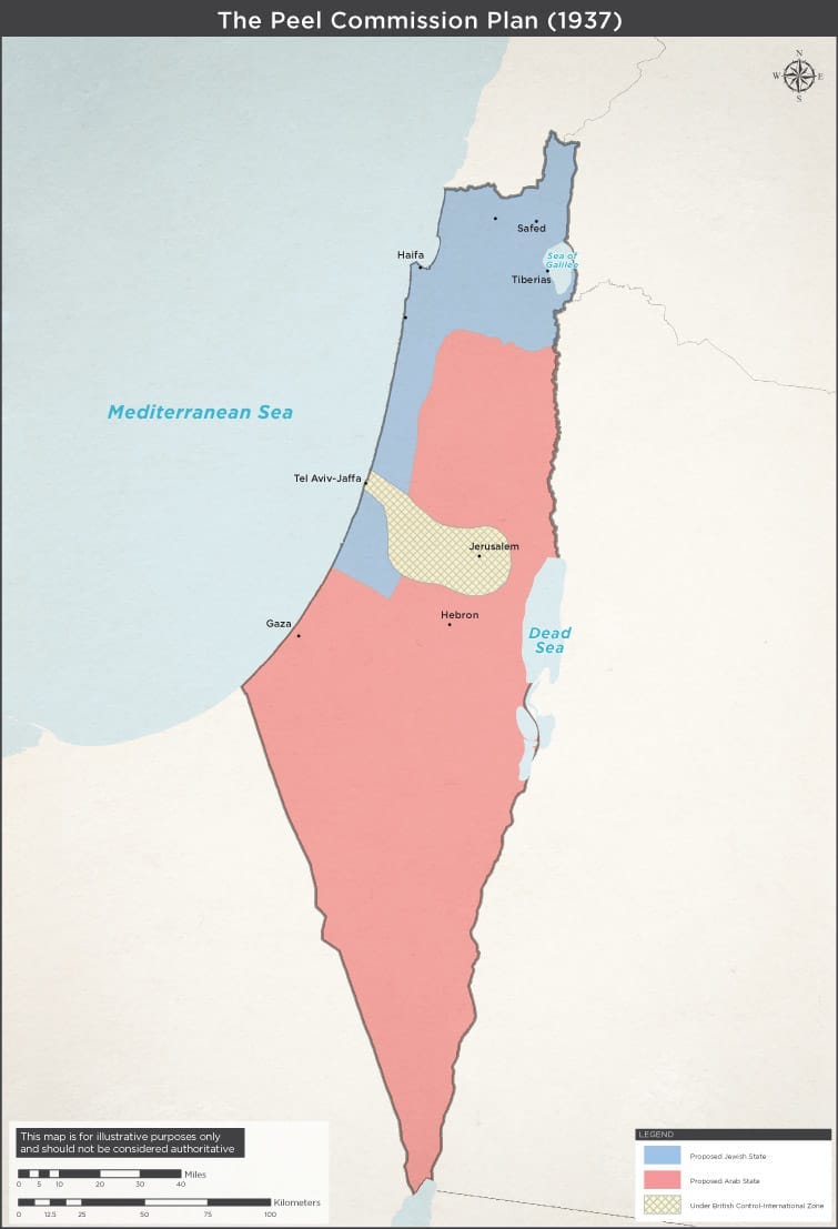 Proposition Peel : État juif en bleu, État arabe en rose, zone internationale en jaune Proposition Peel : État juif en bleu, État arabe en rose, zone internationale en jaune