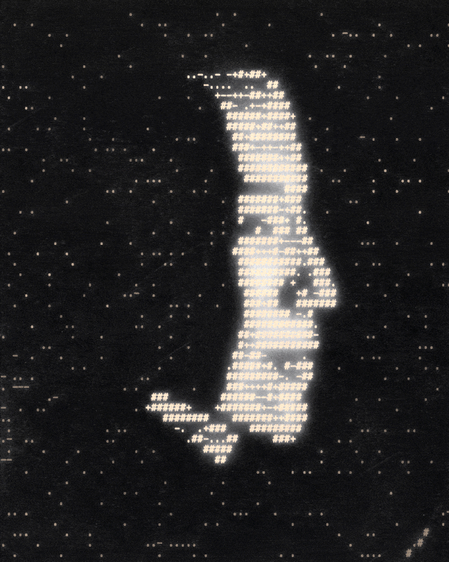 Silhouette of a person's face on a dark background, made with ASCII art