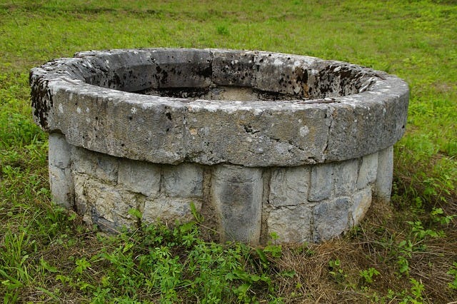 An old grey stone cistern set into the ground, surrounded by green grass.