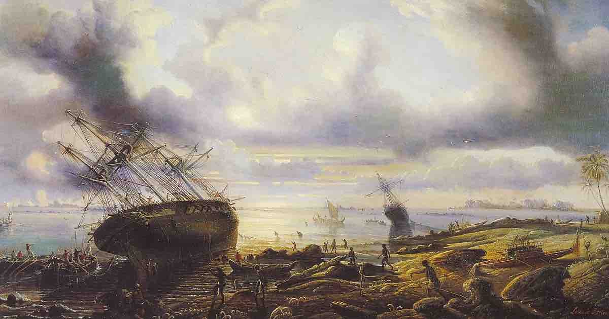 A later ship, The ‘Astrolabe’, careening in the Torres Strait.