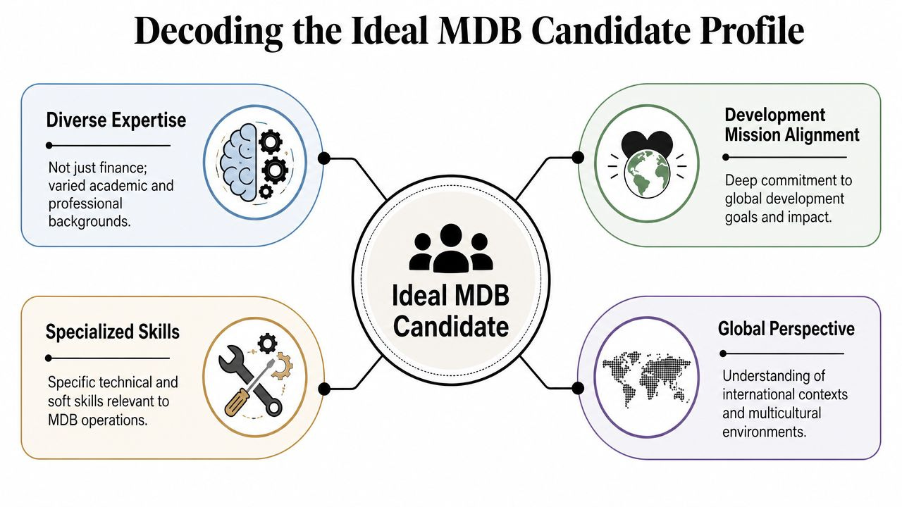 A diagram illustrating the four key attributes of an ideal Multilateral Development Bank (MDB) candidate profile. A diagram illustrating the four key attributes of an ideal Multilateral Development Bank (MDB) candidate profile.