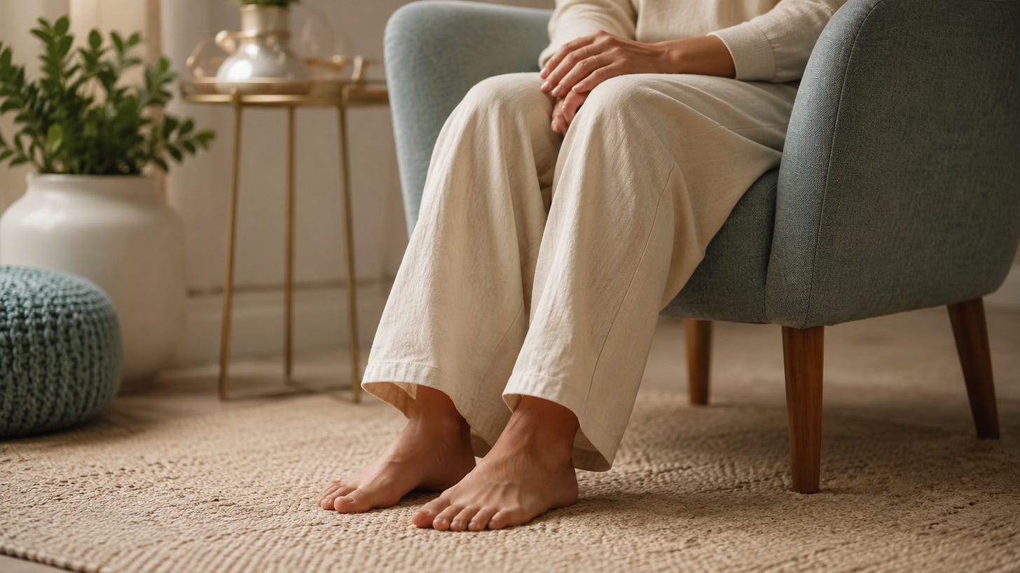 Feet grounded on a soft rug beside a chair, representing body-based regulation and steadiness.