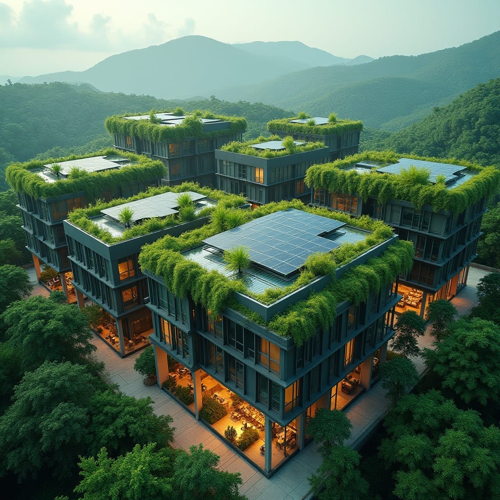 Modern Green sustainable block of buildings in jamaica, green roof, water harvesting, lots of glass. solar planels on roof with shops below