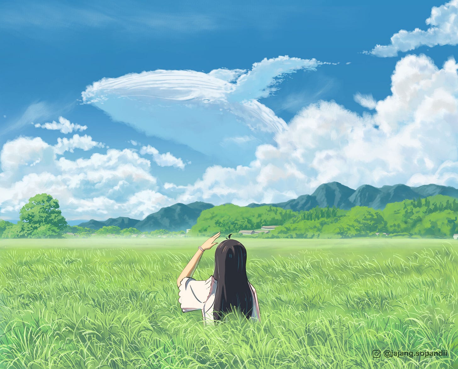 General 1920x1546 digital art ArtStation Jajang Sopandi clear sky whale black hair clouds landscape animals sky grass