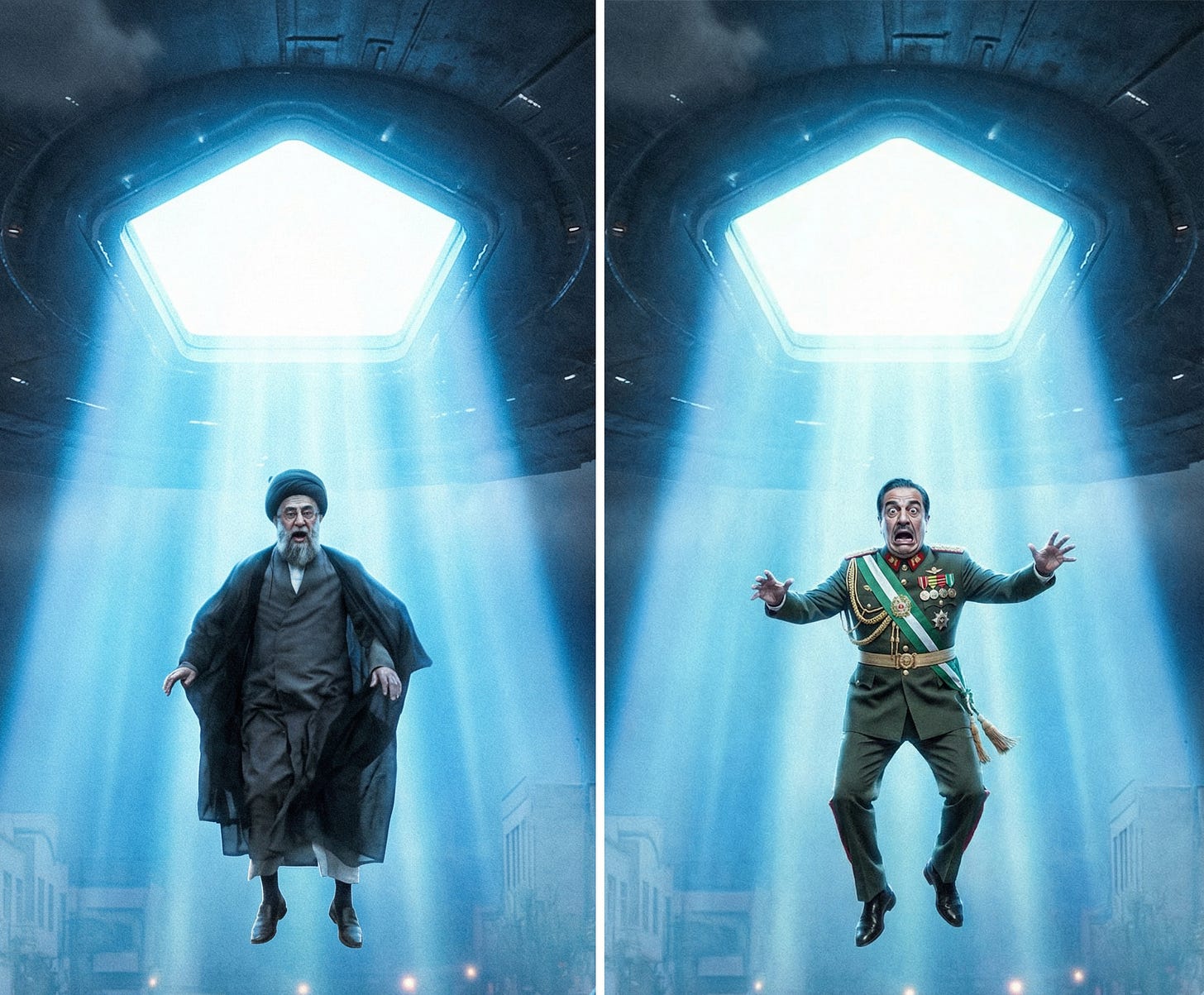 Split image of the Ayatollah of Iran and a South American military dictator suspended mid-air in a panic as they are sucked up by a beam of light into the Pentagon spaceship Split image of the Ayatollah of Iran and a South American military dictator suspended mid-air in a panic as they are sucked up by a beam of light into the Pentagon spaceship