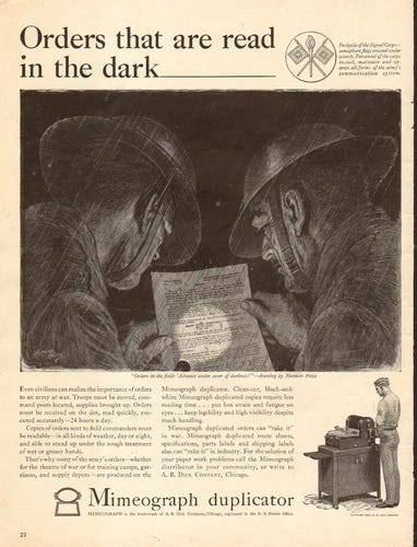 1941 WW2 era AD MIMEOGRAPH Duplicator , ART Soldiers read orfers in field 011418 - Picture 1 of 1