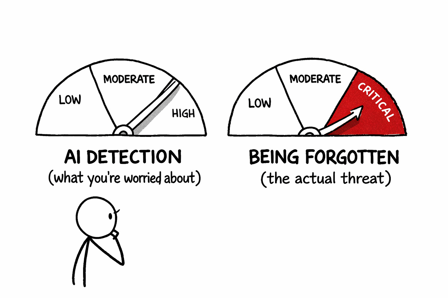 Black-and-white whiteboard diagram of two threat gauges side by side. One labeled “AI Detection (what you’re worried about)” shows a low needle, while the other labeled “Being Forgotten (the actual threat)” points to critical. A stick figure stares at the wrong gauge, illustrating misplaced fear in AI-assisted writing. Black-and-white whiteboard diagram of two threat gauges side by side. One labeled “AI Detection (what you’re worried about)” shows a low needle, while the other labeled “Being Forgotten (the actual threat)” points to critical. A stick figure stares at the wrong gauge, illustrating misplaced fear in AI-assisted writing.