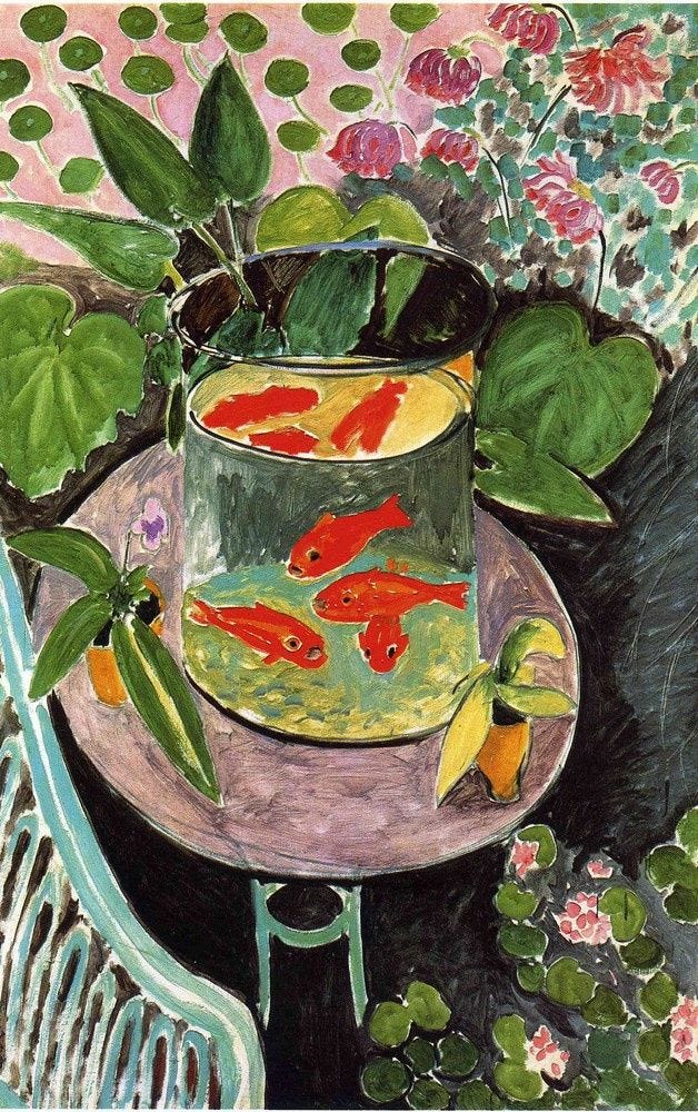 This may contain: a painting of goldfish in a bowl on a table next to plants and flowers This may contain: a painting of goldfish in a bowl on a table next to plants and flowers
