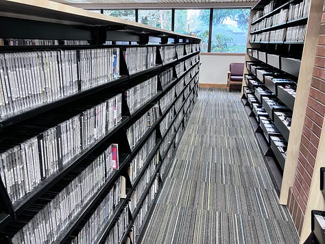 Photos of libraries, author holding a book, mini-book library