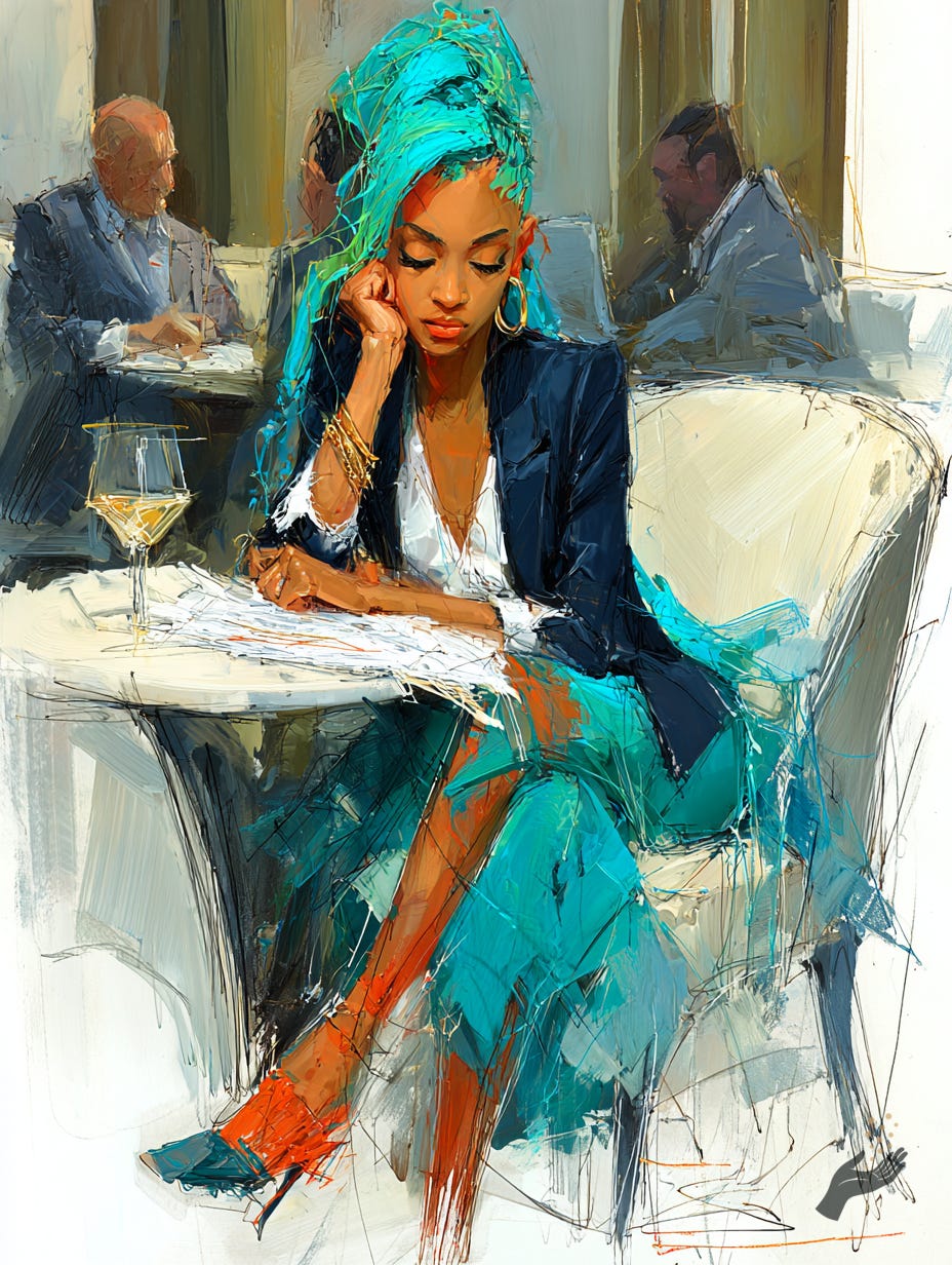 Expressive café scene of a seated person in teal and orange tones leaning on one hand at a table, with blurred people in the background. Expressive café scene of a seated person in teal and orange tones leaning on one hand at a table, with blurred people in the background.