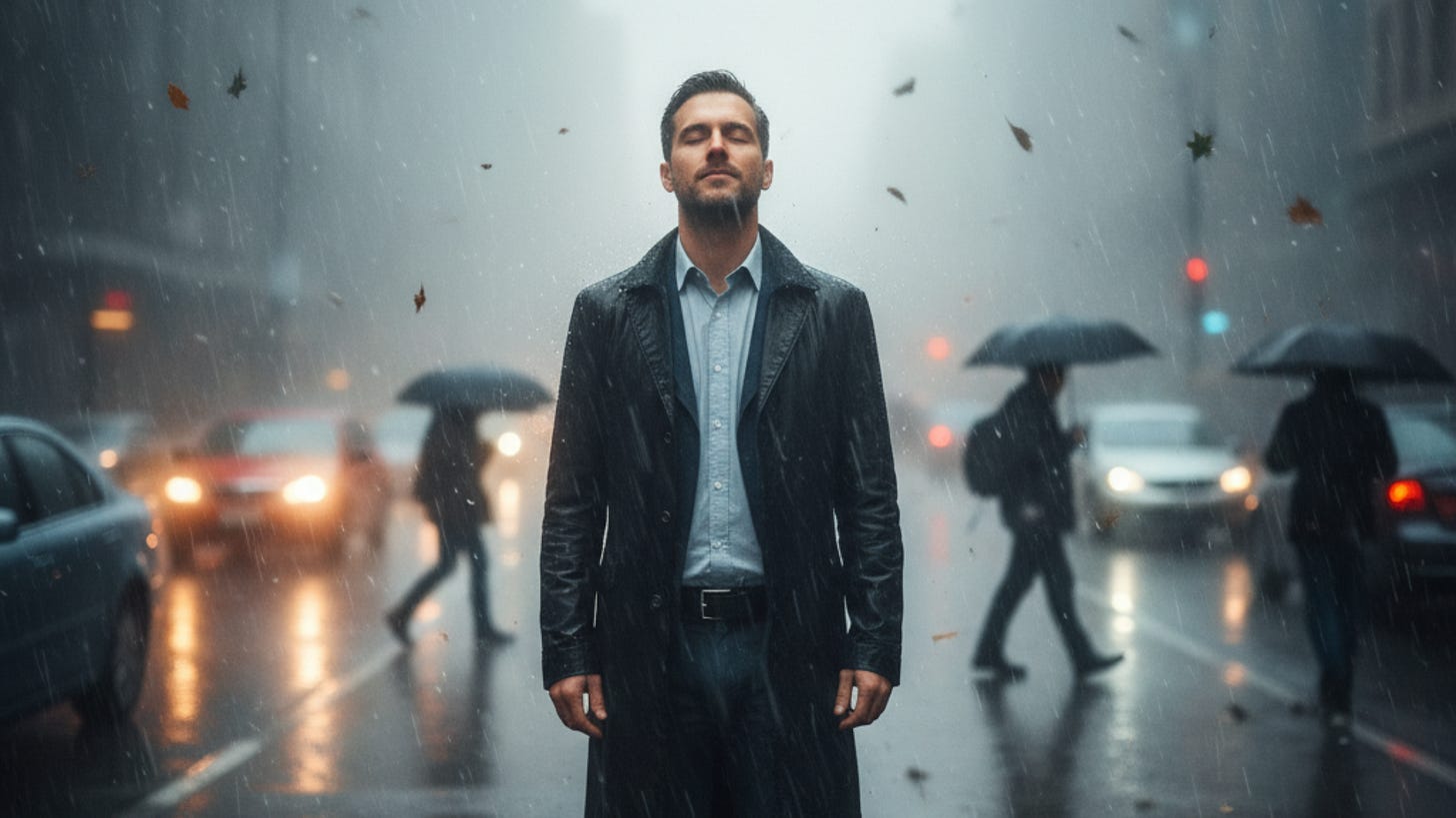 A calm man stands still in the rain on a busy city street with eyes closed, centered and grounded as people hurry past with umbrellas. Symbol of presence and strength under pressure.