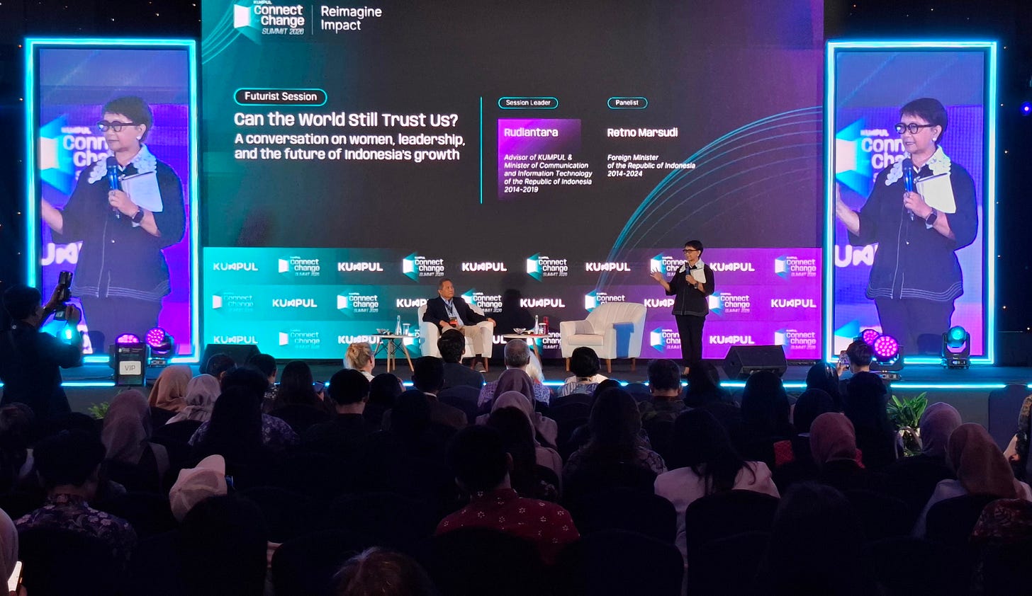 Indonesia’s former Foreign Affairs Minister Retno Marsudi delivers her remarks, titled “Can the World Still Trust Us?”, during the 2026 KUMPUL Connect for Change (C4C) event on Tuesday (20/10) in Jakarta.