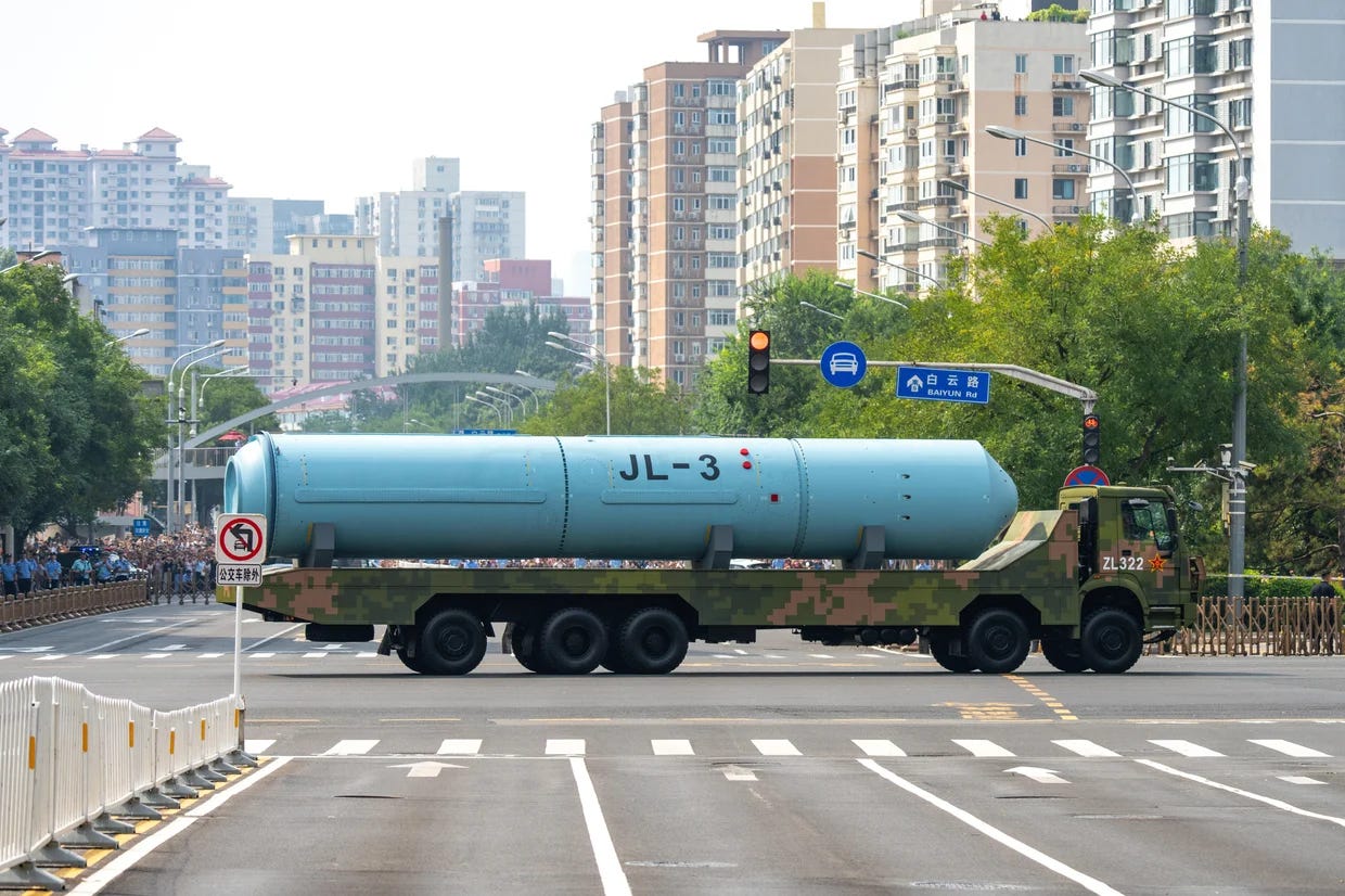 A Chinese JL-3 submarine-launched intercontinental missile is seen during the V-Day military parade, Sept. 3, 2025, in Beijing, China. Photo: VCG/VCG/Getty A Chinese JL-3 submarine-launched intercontinental missile is seen during the V-Day military parade, Sept. 3, 2025, in Beijing, China. Photo: VCG/VCG/Getty