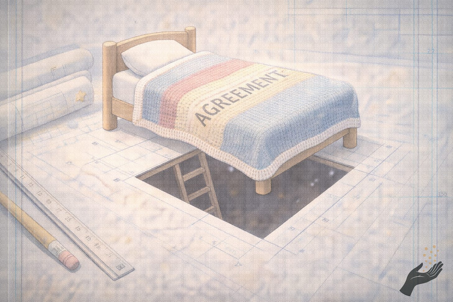 A cozy bed with a blanket labeled AGREEMENT sits on a drafting table beside an open trapdoor with a ladder leading downward. A cozy bed with a blanket labeled AGREEMENT sits on a drafting table beside an open trapdoor with a ladder leading downward.