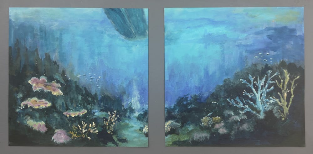 A serene underwater scene depicted in two panels, featuring colorful corals, marine plants, and a gradient of blue tones representing the ocean.