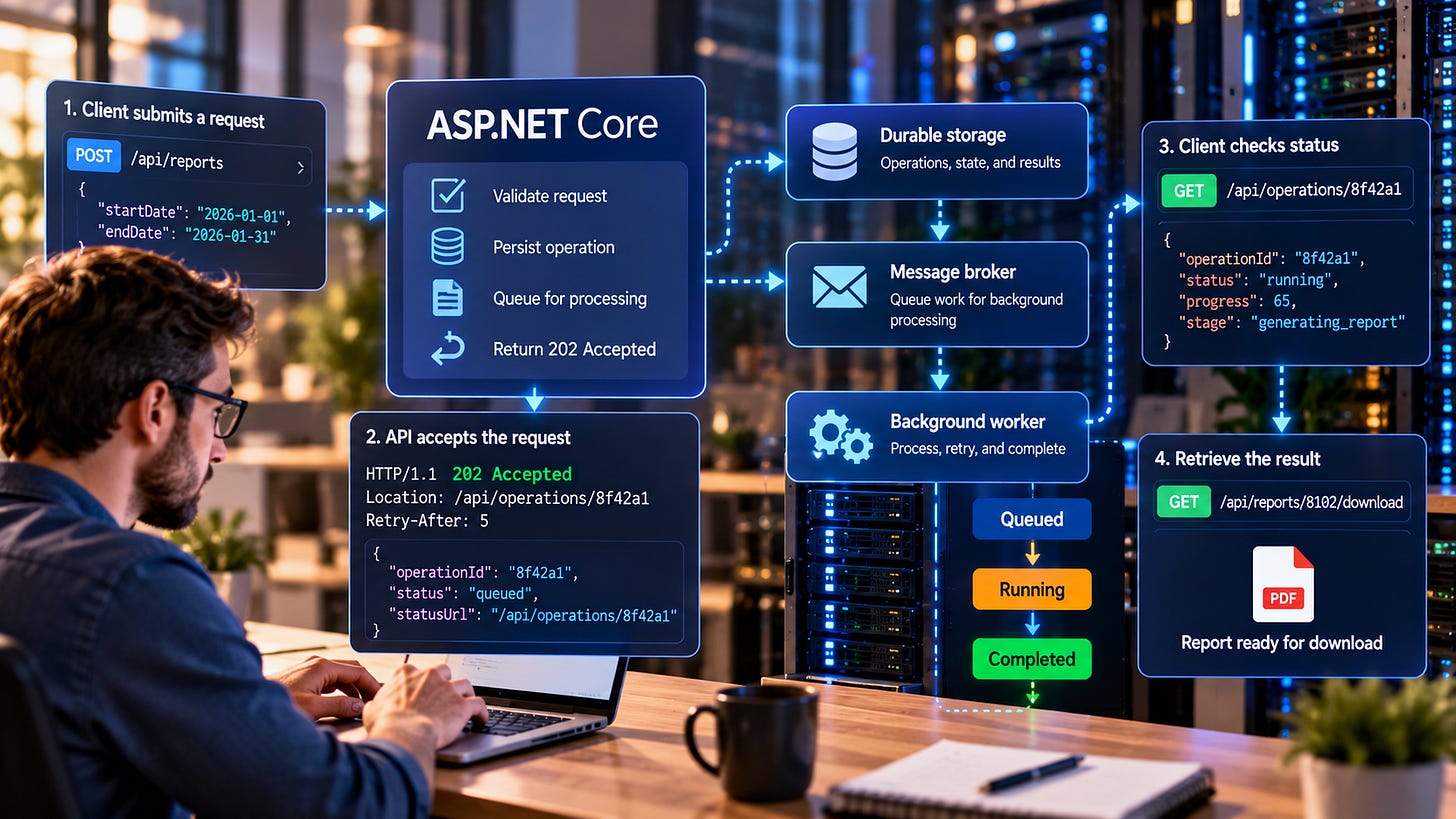 Developer monitors an ASP.NET Core asynchronous API workflow with HTTP 202 and background processing. 