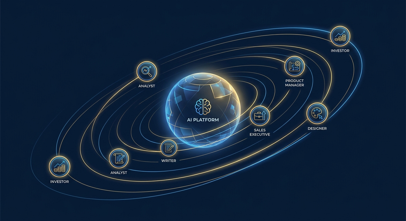 Agentic AI platform ecosystem gravity diagram: diverse professional roles orbiting a central Codex AI hub connected by role plugins Agentic AI platform ecosystem gravity diagram: diverse professional roles orbiting a central Codex AI hub connected by role plugins
