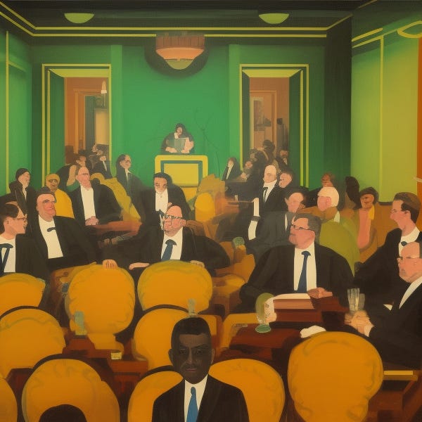 Una reunión de lobistas hablando sobre crypto, estilizado, art deco