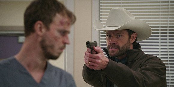 Cordell with gun pointed directly at mentally distraught Cole on Walker. Cordell with gun pointed directly at mentally distraught Cole on Walker.