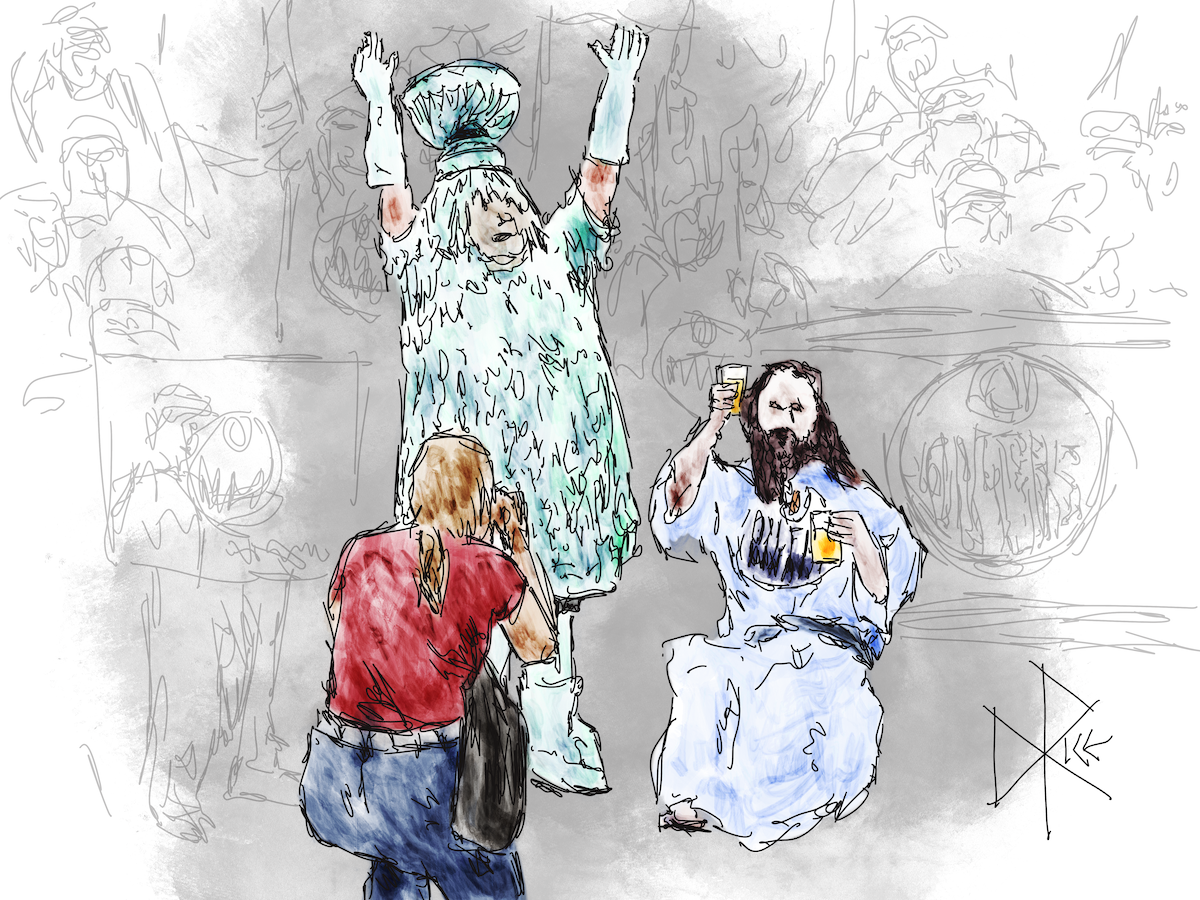 Outside Rogers Place in Edmonton, a fan dressed as ‘McJesus’ kneels beside another fan who is fully made-up as a shiny Stanley Cup, while a photographer crouches to frame a shot of them. Sketch art by Don Rice.