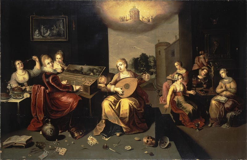 Seventeenth-century painting by Hieronymus Francken the Younger depicting the parable of the ten bridesmaids, with figures gathered indoors holding lamps while others socialise, capturing themes of delay, distraction, and readiness.