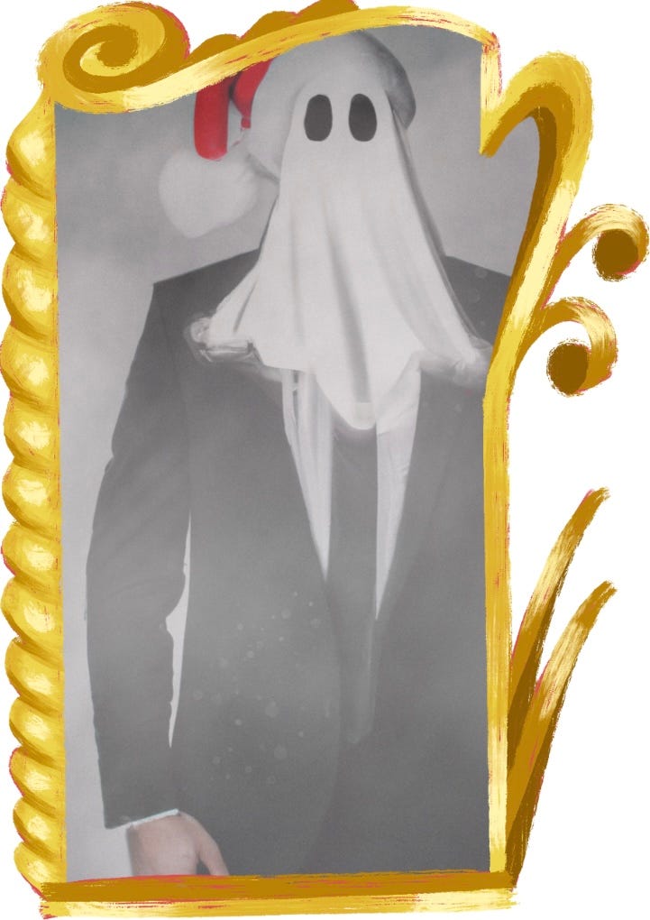 Man in a suit with a ghost head and Santa cap reflected in a mirror Man in a suit with a ghost head and Santa cap reflected in a mirror