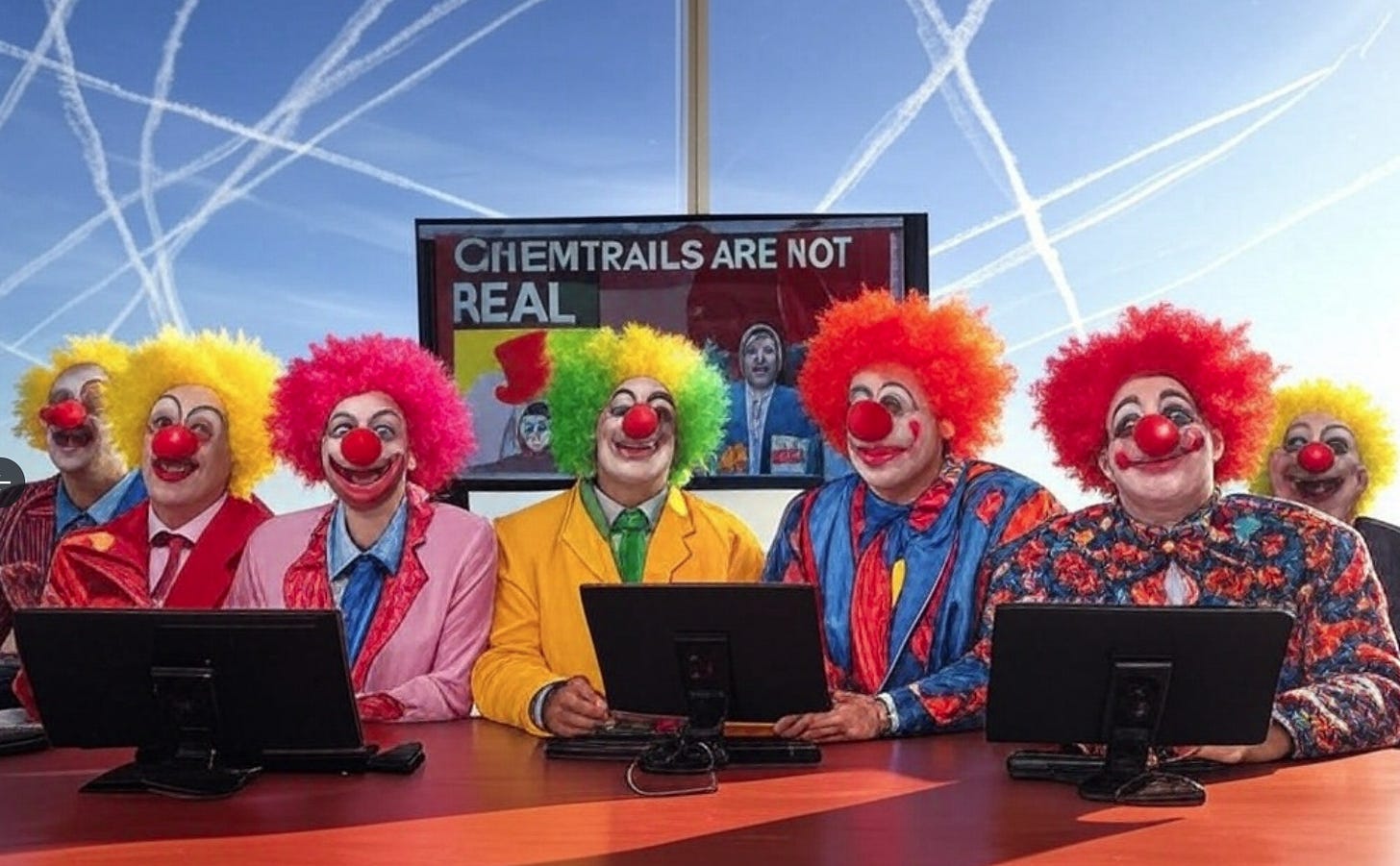 A group of clowns sitting at a table with computers
AI-generated content may be incorrect. A group of clowns sitting at a table with computers
AI-generated content may be incorrect.