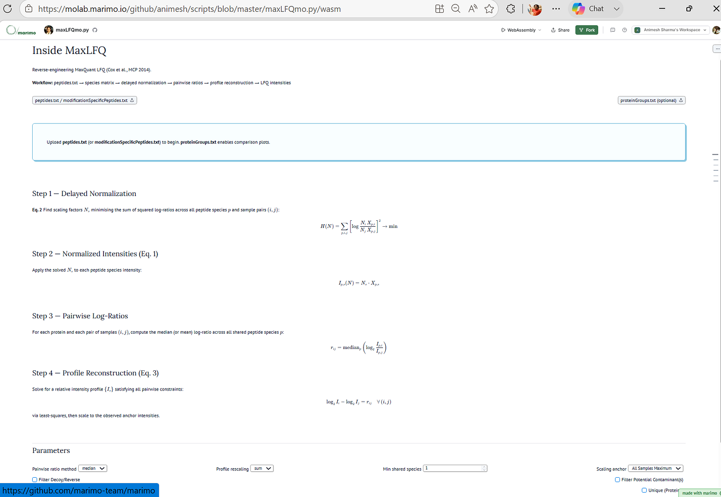 https://molab.marimo.io/github/animesh/scripts/blob/master/maxLFQmo.py/wasm https://molab.marimo.io/github/animesh/scripts/blob/master/maxLFQmo.py/wasm