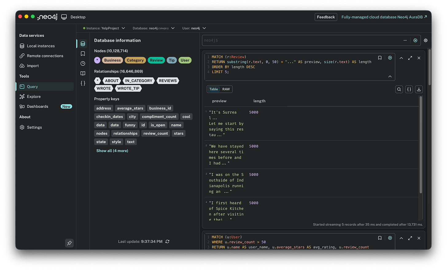 Neo4j result table displaying review snippets and their length, with the top results showing reviews capped at exactly 5,000 characters.