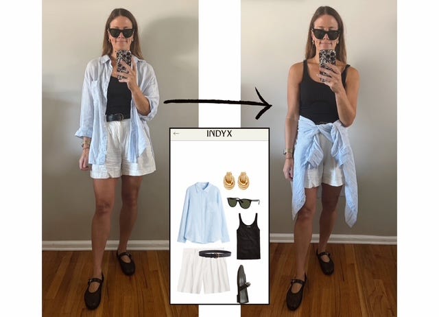 Woman wearing black tank, ivory linen shorts with black belt, blue button-up shirt, Ray-Ban sunglasses, and black mesh Mary Jane ballet flats.